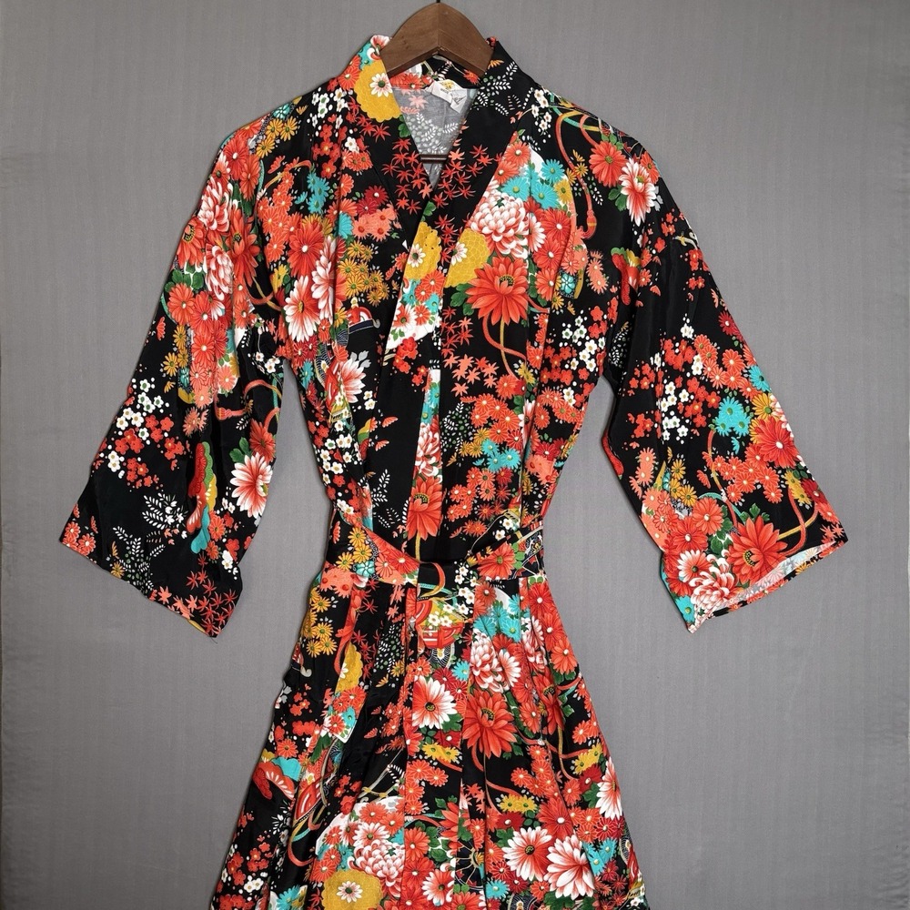 Vintage Japanese Rayon Kimono Robe Floral Chrysanthemum Belted Black One Size